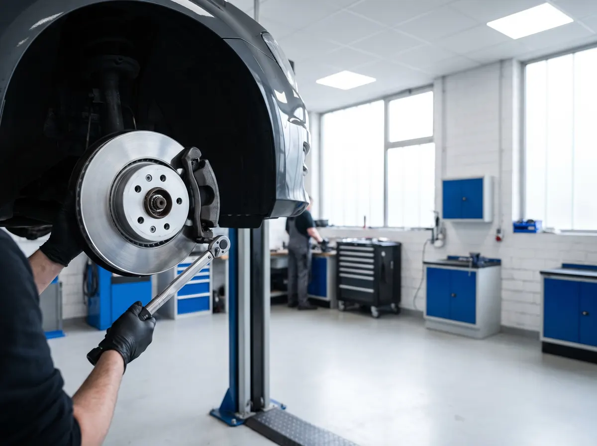 Bremsscheibe und Bremssattel hinter einem abgenommenen Rad