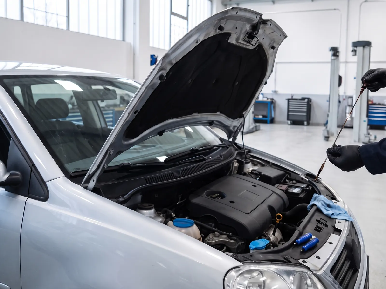 Geöffneter Motorraum eines Autos in einer hellen Werkstatt